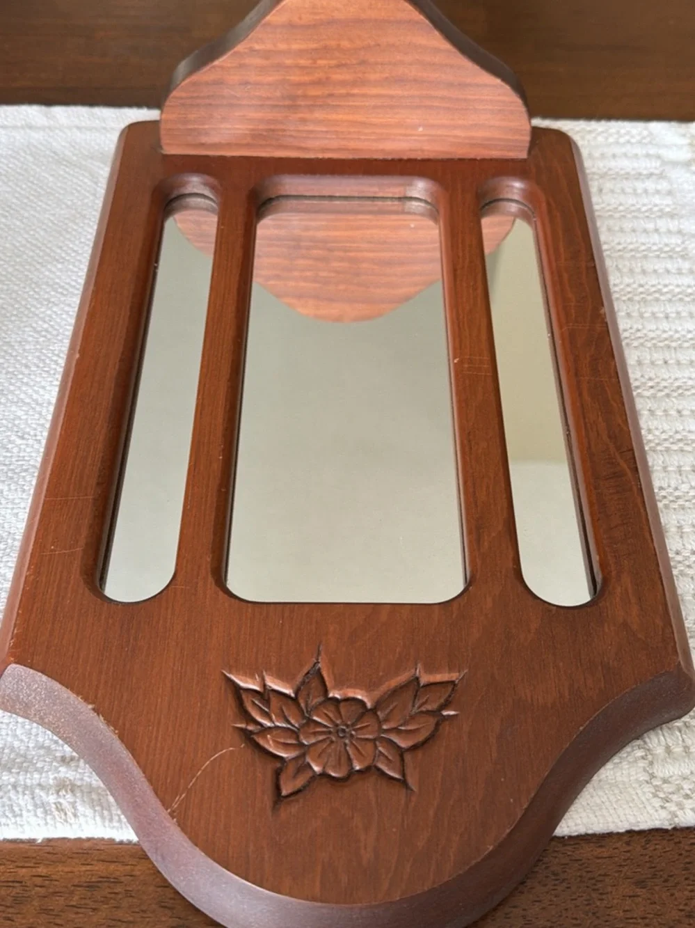 Vintage Hand-Carved Wooden Wall Mirror with Built-In Display Shelf
